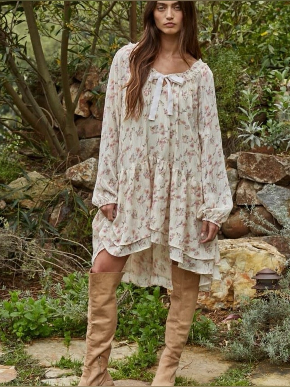 bohme Cream Floral High-Low Cottage Dress